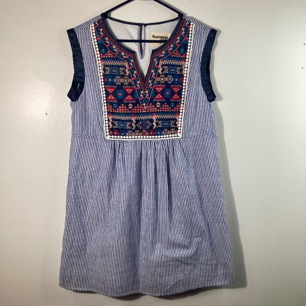 Savanna‎ Jane Boho Embroidered Dress Sleeveless Lined Striped Floral S NWT
